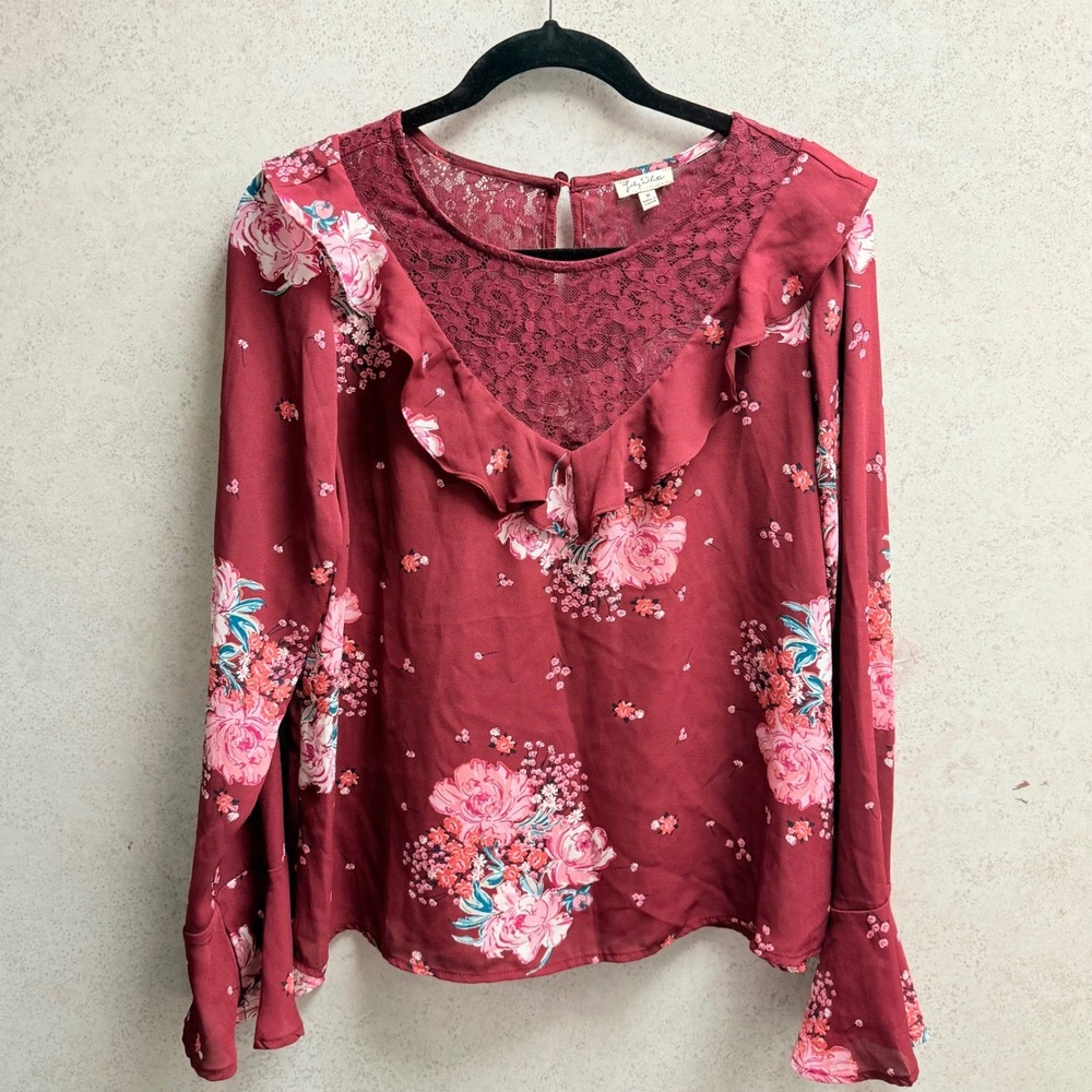 Lily White M Womens‎ Boho Peasant Burgundy Floral Lace Ruffle Bell Sleeve Blouse
